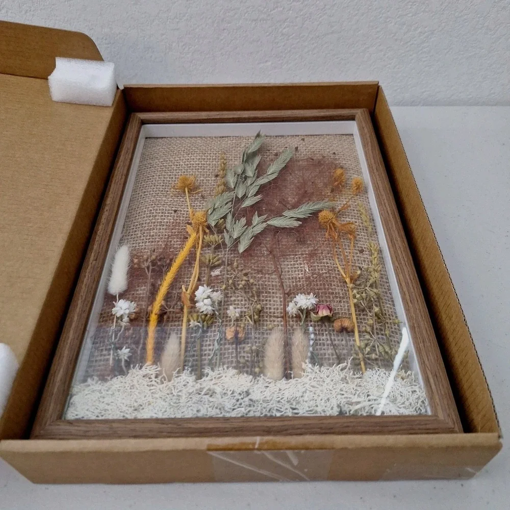 Rustic Burlap Shadow Box Framed Dried Flower Artwork 13